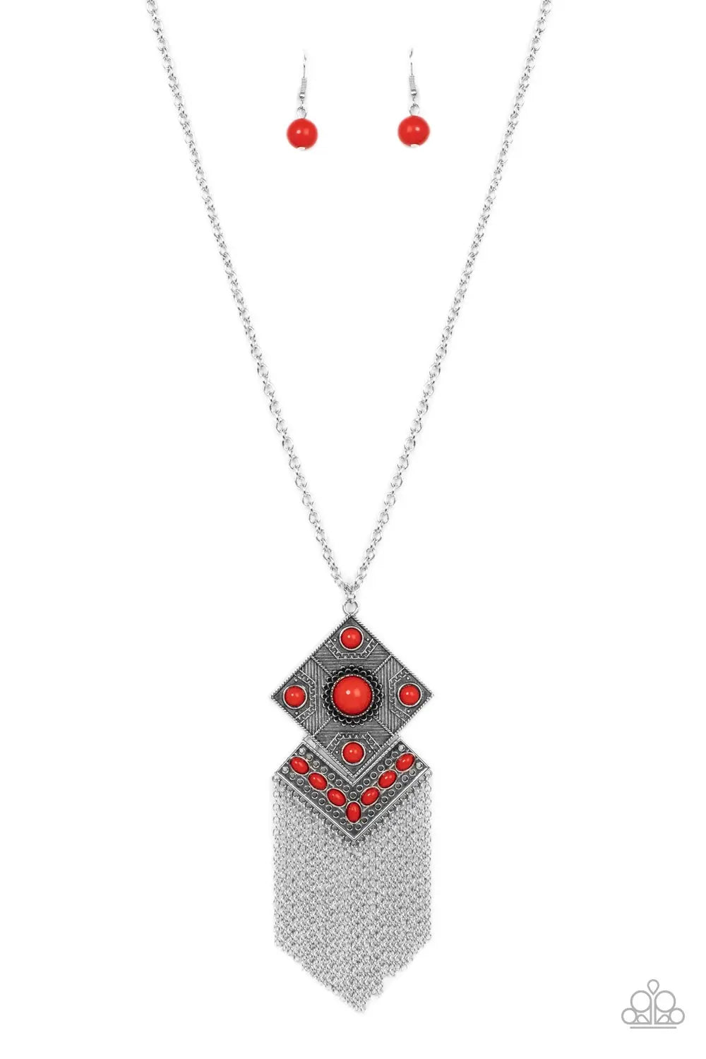 Kite Flight - Red Bead Silver Fringe Necklace - Paparazzi