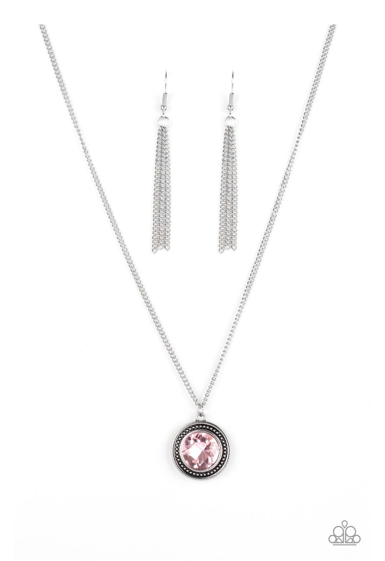 Paparazzi Mega Money - Pink Gem - Silver Glamorous Pendant - Necklace and matching Earrings