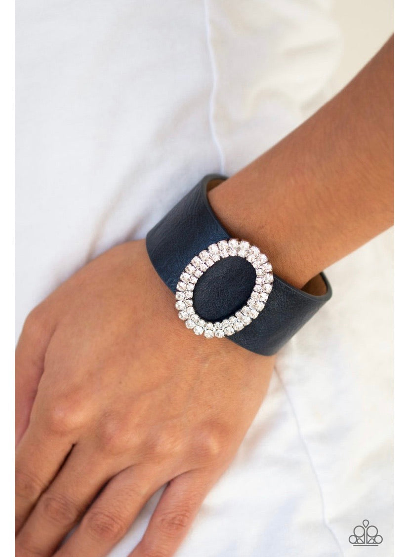 Paparazzi Center Stage Starlet - Blue Leather Band - White Rhinestones - Snap Bracelet