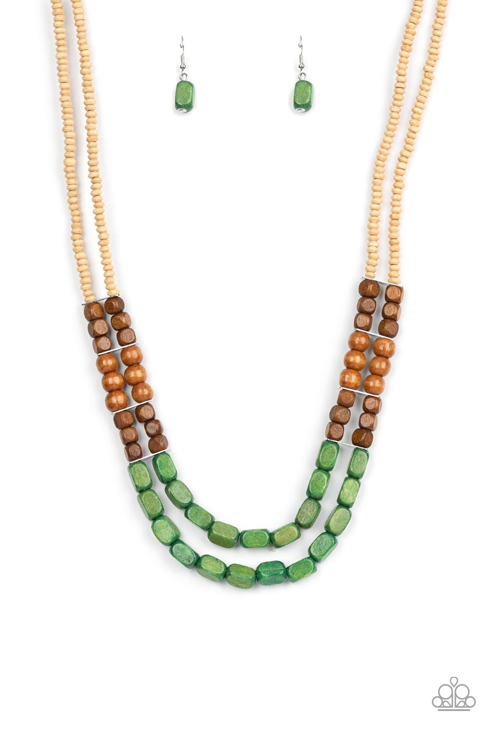 Paparazzi Bermuda Bellhop - Green  Wood Necklace P2SE-GRXX-231XX