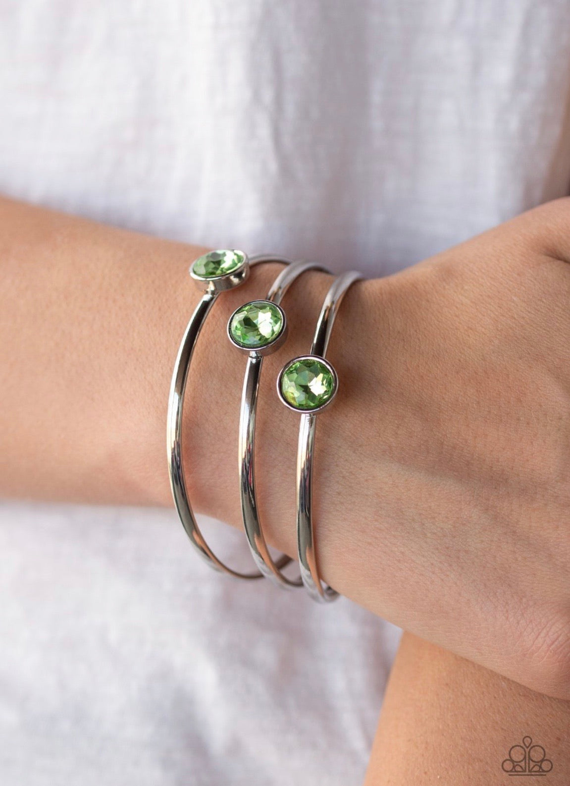 Paparazzi Be All You Can BEDAZZLE - Green Gems - Silver Bangle Bracelets