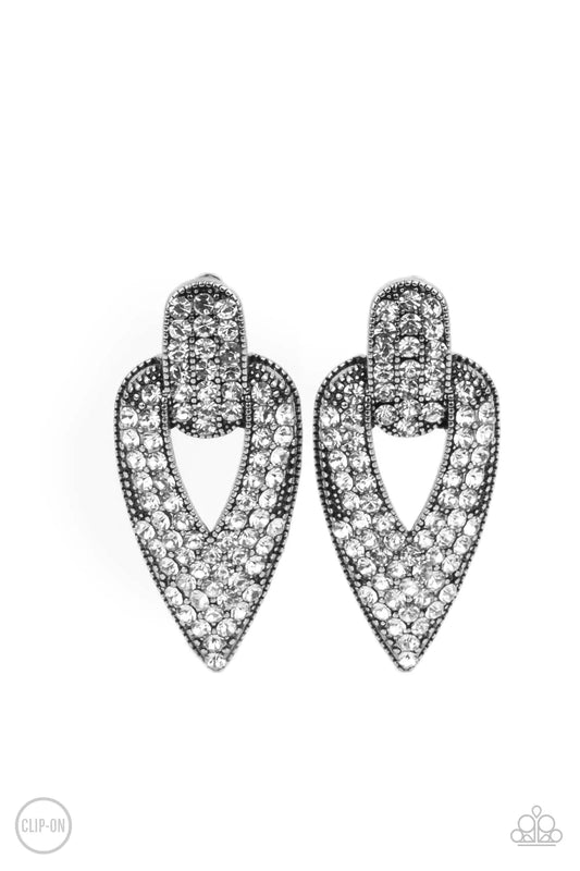 Paparazzi Blinged Out Buckles - White Earrings (Clip On)